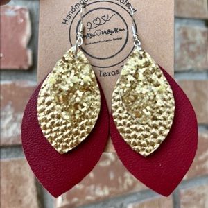 Burgundy, Gold & Glitter Gold Layered Teardrop Lightweight Faux Leather Earrings
